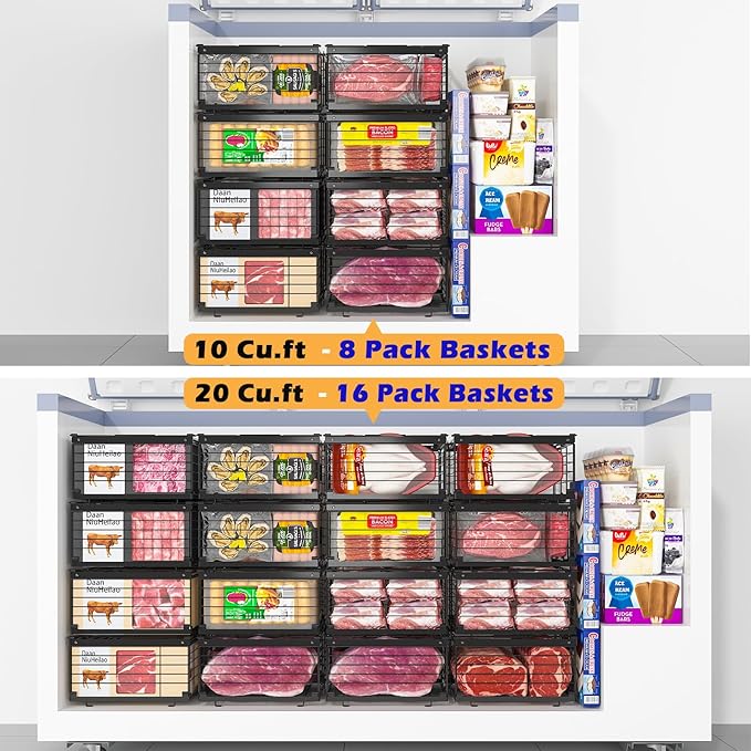 NADAMOO Freezer Organizer Bins, 2 Pack Large Expandable Stackable Chest Freezer Containers with Handle, Metal Adjustable Storage Baskets for Fridge, Deep Freezer, Cabinet, Kitchen, Pantry - Black
