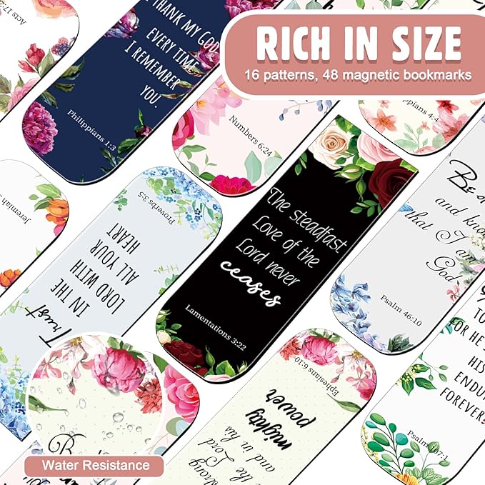 Zonon 48 Pcs Bible Verse Magnetic Bookmarks, Inspirational Scripture Christian Book Markers Religious Motivational Encouragement Flower Page Clips Presents for School Supplies(Elegant Style)