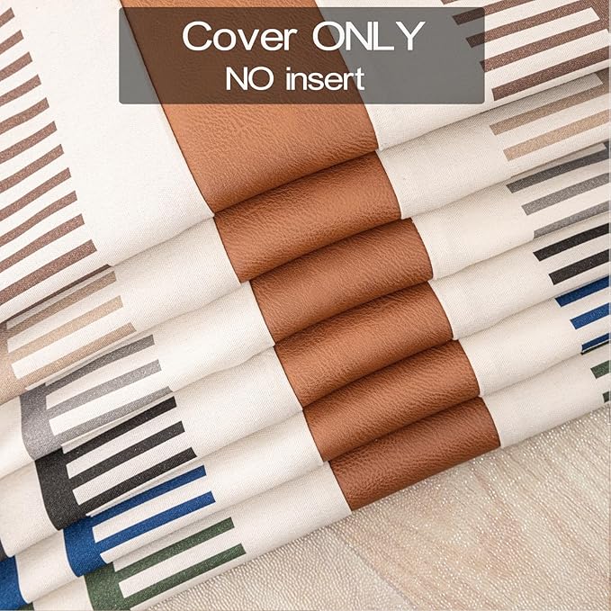 Farmhouse Stripe Pillow Cover 18x18 Boho Accent Cushion Case Faux Leather Decorative Pillowcase,Black and Beige (Cover ONLY, Pack of 1)