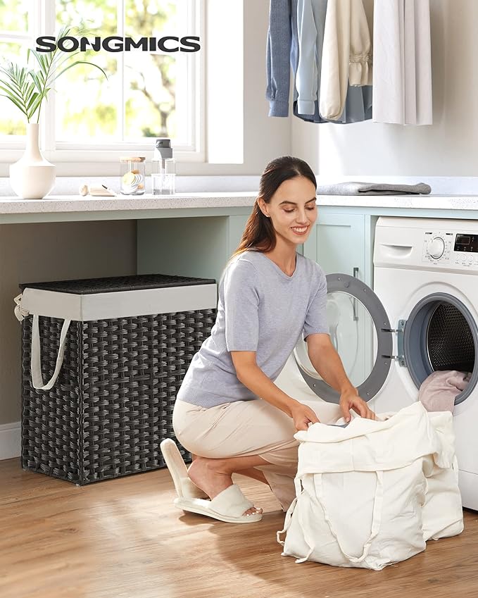 SONGMICS Laundry Hamper with Lid, 110L Clothes Hamper with 2 Removable Liner Bags, 6 Mesh Bags, Wicker Laundry Basket, Double Laundry Hamper for Laundry Room, 13 x 22.4 x 23.6 Inches Black ULCB52BK
