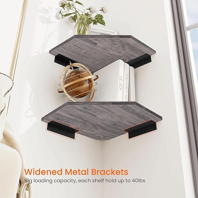 Homode Corner Shelf Wall Mount, Set of 4 Corner Floating Shelves with Cord Hole, Wall Shelf Organizer, Wood Hanging Storage Shelving for Bathroom Bedroom Kitchen, Rustic Grey