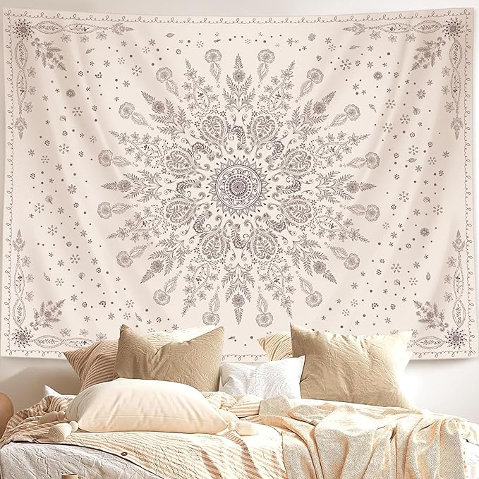 Lunerfex Boho Floral Tapestry Mandala Wall Tapestry, Cute Tapestries for Bedroom Beige Flower Tapestries Wall Hanging for Bedroom Living Room Wall Decor Beige-1 60"x80"