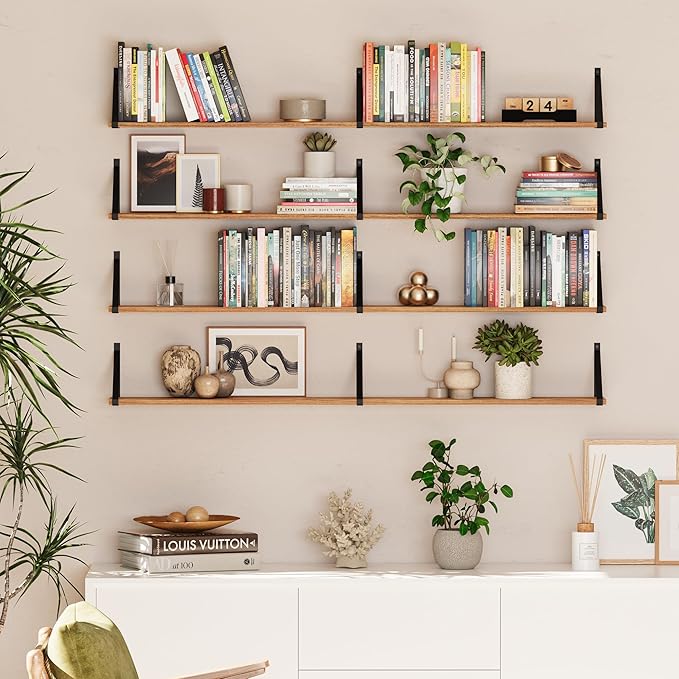 Wallniture Bora 54"x 6" Wall Shelves for Living Room, Bookshelves Wall Mounted, Wood Floating Shelves, Burnt, Wood, Set of 2