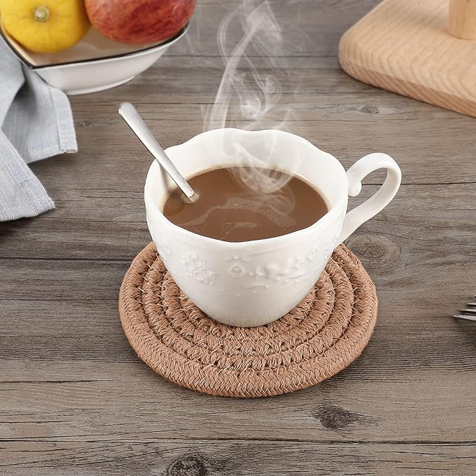 ABenkle 8 Pcs Drink Coasters with Holder, Cotton Woven Absorbent Coasters for Drinks, Minimalist Home Decor Coaster Set for Wooden Tabletop Protection Table, 4.3 inches Brown