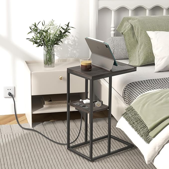 Yoobure C Shaped End Table with Charging Station for Living Room, Bedroom, Sofa Table with USB Ports and Outlets for Small Spaces, C Couch Rustic Snack Bed Table, Charcoal Gray