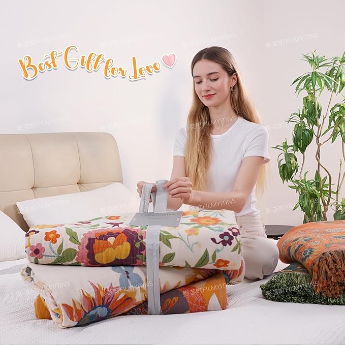 Boho Throw Blanket, 100% Cotton Muslin Breathable Soft Bed Throw - Floral Farmhouse Decor Blanket for Sofa Couch Chair and Gift. 60" x 80"- Orange