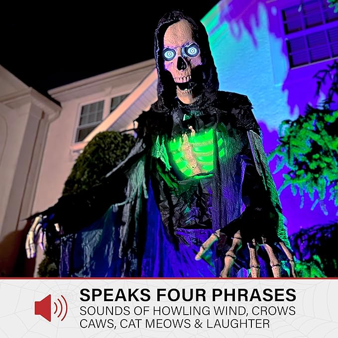 Haunted Hill Farm Motion-Activated 10-Ft. Tall Towering Reaper, Plug-in Talking Scare Prop Animatronic with Spooky Sound Effects and Lights for Indoor or Covered Outdoor Creepy Halloween Decoration