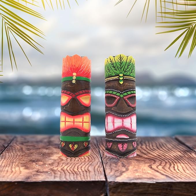 Painted Tiki Wooden Statues, Freestanding, Beach Décor, Set of 2 Assorted Colors, 12 Inches High
