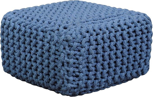 COTTON CRAFT Braided Footrest - Handknitted Cotton Cord Dori Foot Stool Ottoman - Low Floor Pouf - Lightweight Portable - Small Spaces Living Room Bedroom Entryway Under Desk - 14 x 8 Square - Blue