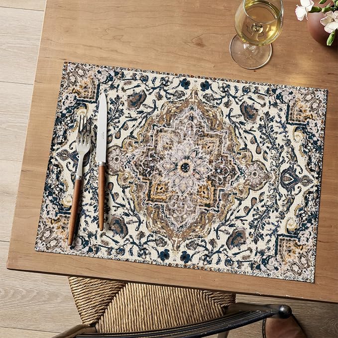 Artoid Mode Gray Boho Bohemian Vintage Placemats Set of 4, 12x18 Inch Plastic Woven Washable Non-Slip PVC Place Mats for Party Kitchen Dining Decor