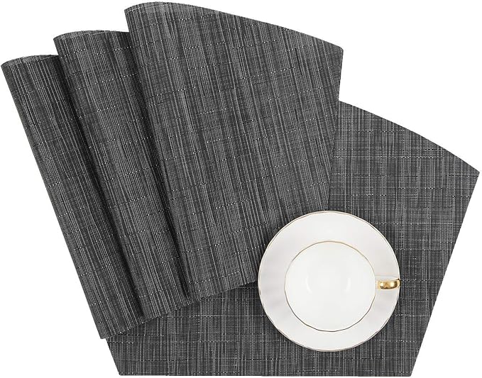 SHACOS Small Round Table Placemats Wedge Placemat Set of 4 Non Slip Heat Resistant Woven Vinyl Table Mats Wipe Clean Indoor Outdoor (4, Black Gray)