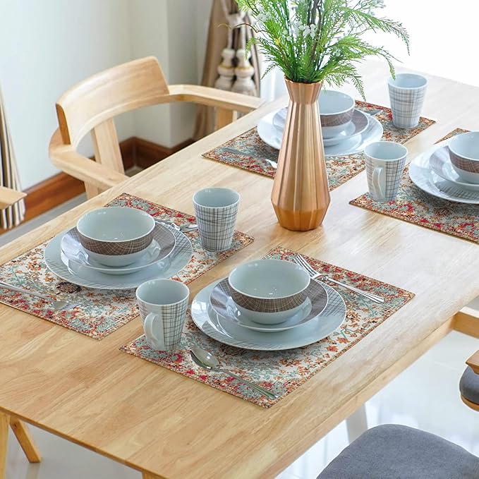 Ethnic Boho Placemats Set of 6 Bohemian Carpet Vintage Black Coral Floral Linen Washable Kitchen Dining Table Mats Stain Heat-Resistant Desktop Decor Place Mats for Home Party Indoor 12x18 in