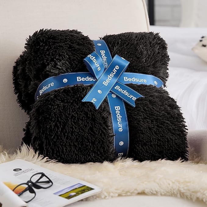 Bedsure Fluffy Black Throw Blanket Gifts for Women, Men, Soft Fleece Cozy Fuzzy Sherpa Plush Warm Minky Thick Faux Fur Throws for Couch, Bed, Black Decor House Blanket Gifts for Mom Dad, 50x60