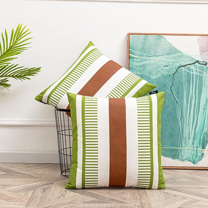 18x18 Throw Pillow Covers Set of 2 Farmhouse Rustic Pillow Case Decorative Boho Cushion Cover for Living Room Sofa Bed Couch Accent Faux Leather Pillow Cover,Grass Green