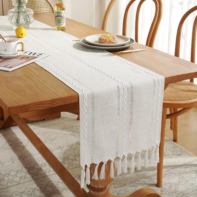 Rustic Farmhouse Style Linen Table Runner, Boho Handmade Tassel Embroidered Table Runners 48 Inches Long for Holiday Party, Wedding and Dining Decorations, 13 inchW X 48 inchL - Ivory