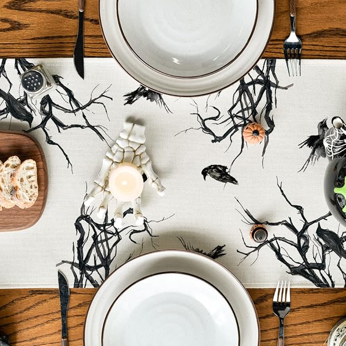 Artoid Mode Silhouette Tree Crows Halloween Table Runner, Branches Fall Kitchen Dining Table Decoration for Outdoor Home Party 13x48 Inch
