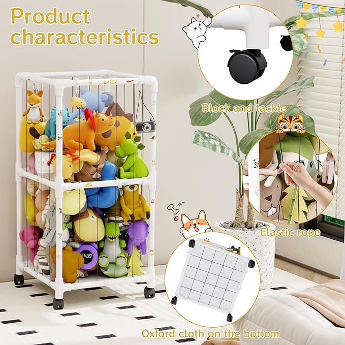 Large Stuffed Animal Zoo Cage with Wheel, Plush Animal Storage Holder for Stuffed Animals, Playroom, Bedroom, Nursery, Stuffed Animal Storage Shelves Display Decor, Kids Toy Storage Organizer