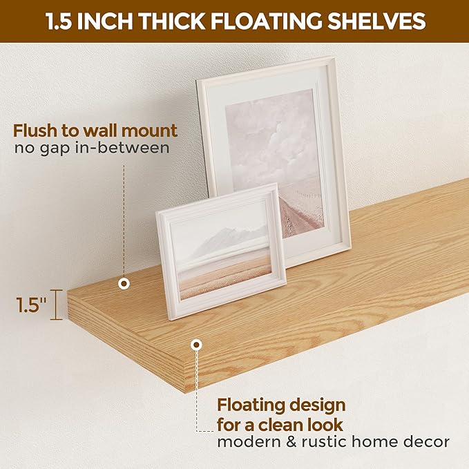 48"W x 9"D Floating Shelves Set of 2, 9.3 Inch Deep Floating Shelves Wall Mounted, Wide Wall Shelves Invisible Bracket, Deep Storage Shelves for Living Room, Bathroom, Kitchen, Oak Color