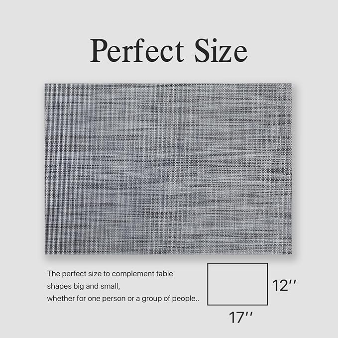 Placemats Set of 12 - Easy Clean Woven Vinyl Placemats for Dining Table, Indoor/Outdoor Place Mats, Washable PVC Table Mats(Dark Gray)