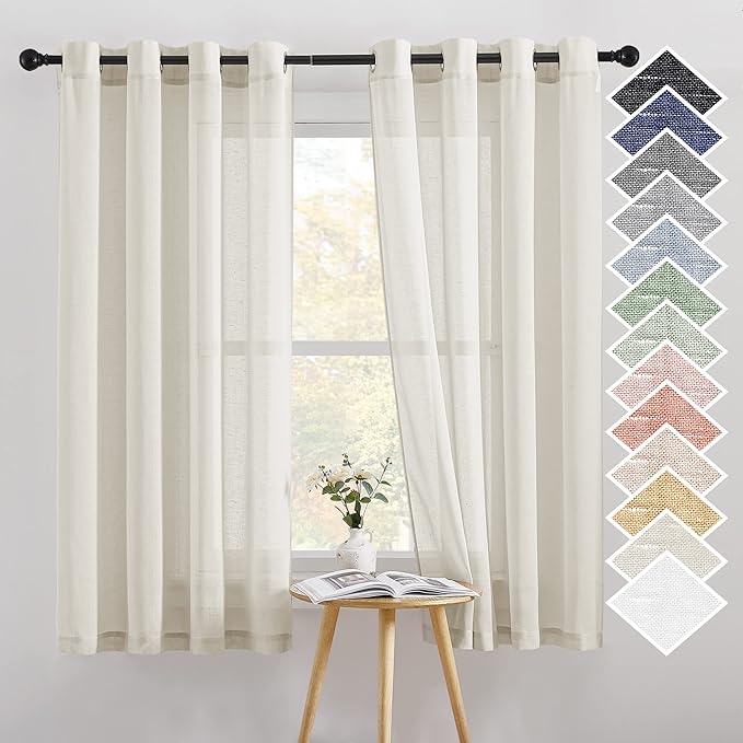 NICETOWN Linen Sheer Curtains 63 inch Length for Bedroom, Grommet Top Linen Blend Semi Sheer Privacy Window Treatment Light Filtering for Living Room, Natural, 52" W x 63" L, Set of 2