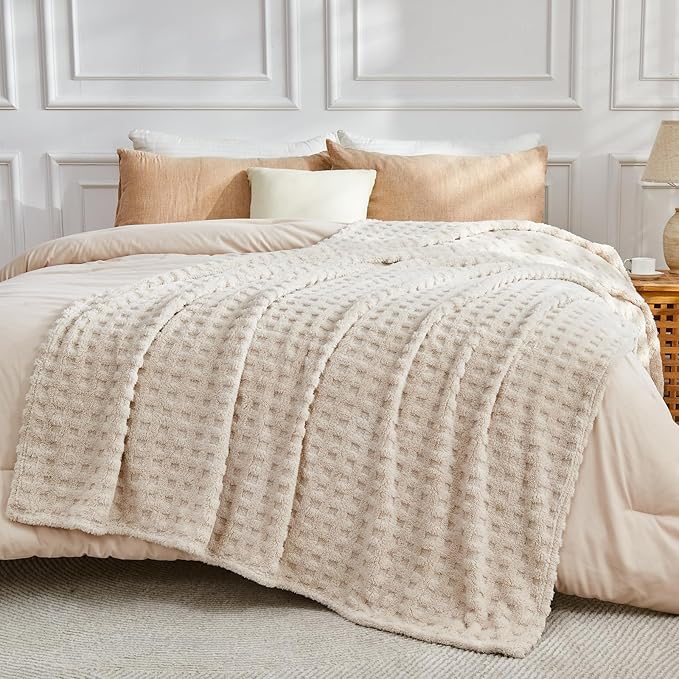 NEWCOSPLAY Super Soft King Blanket Linen Premium Silky Flannel Fleece 3D Waffle Checkered Lightweight Bed Blanket All Season Use (Linen, King(90"x110"))