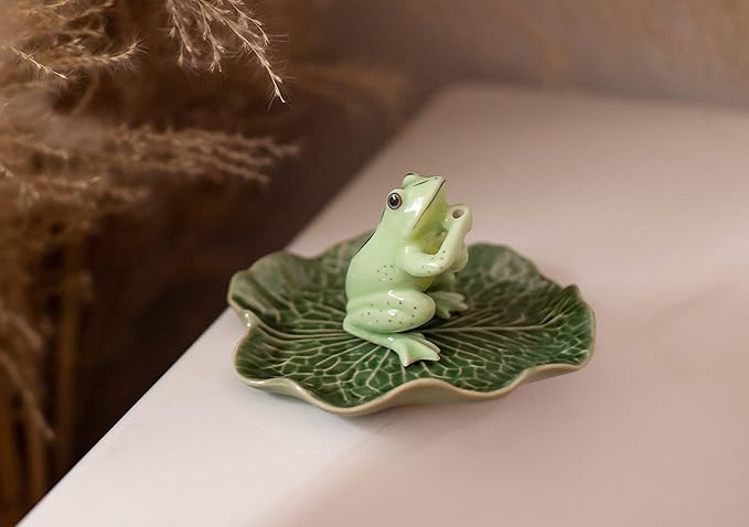 Tiny 2" High Light Green Frog On 4" Wide Lotus Leaf Incense Holder - Ceramic Incense Stick Tray Porcelain Miniature Handmade Animals Figurine Display Cute Mini Colorful Décor Gift