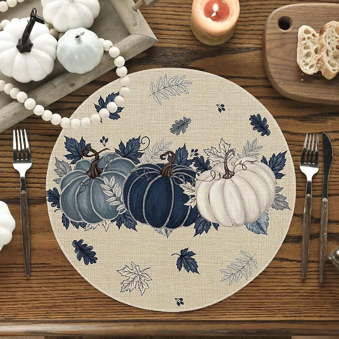 Artoid Mode Navy Blue Pumpkins Eucalyptus Leaves Round Fall Placemats Set of 4, 14 Inch Thanksgiving Round Table Mats for Dining Decoration