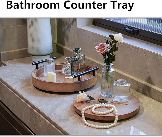 Set of 2 Wood Decorative Trays with Handles 12 Inch Round Decorative Tray for Room Decor, 2 in 1 Counter Decor Trays for Coffee Table,Round Tray for Storage and Display