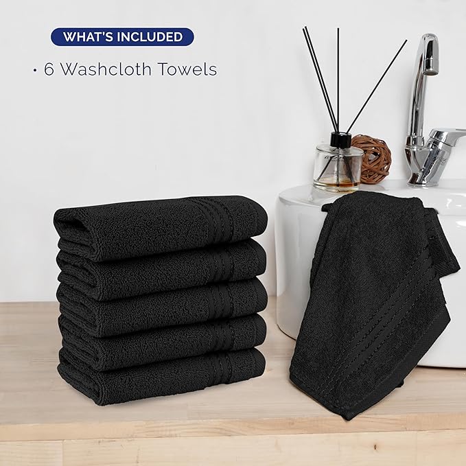 Elegant Comfort Premium Turkish Cotton 6 Pack Washcloths Set - 13 x 13 inch, Luxurious Hotel Spa Quality 100% Turkish Cotton 6PC Washcloth Set - Highly Absorbent - Soft Bathroom Towels, Black