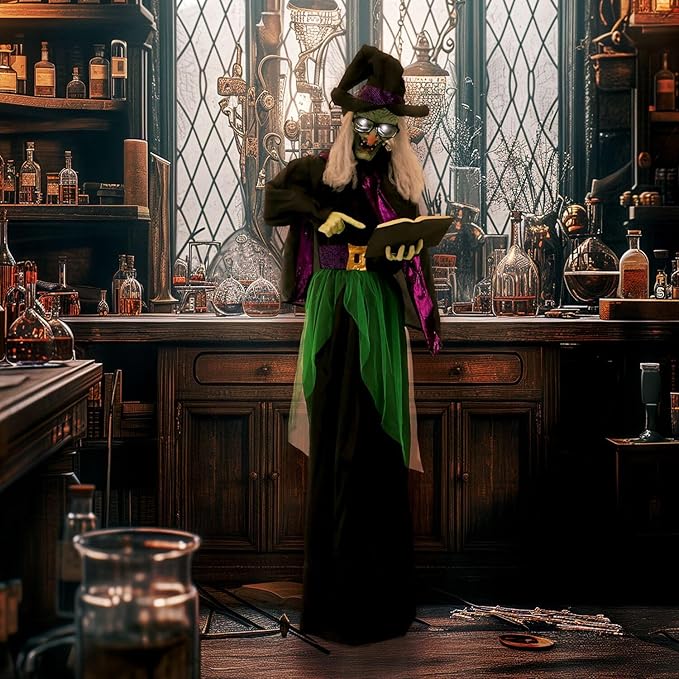 Haunted Hill Farm Life-Size Scary Talking Witch Holding Spell Book, Halloween Animatronic with Touch Activated Lights and Sound, Battery Operated Indoor or Covered Outdoor Halloween Decorations