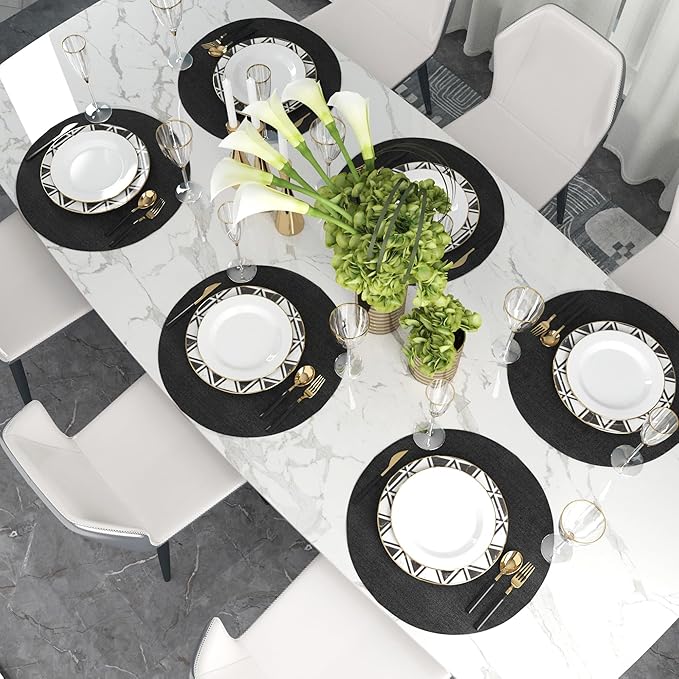 Set of 4 Round Placemat 15 Inch Soft Linen eco-Friendly Fabric Handcrafted Machine Washable Indoor & Outdoor Tablemat Black