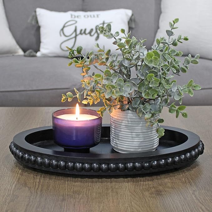 AuldHome Design Wood Beaded Tray (Black), Decorative Farmhouse Style Oval Wooden Tray