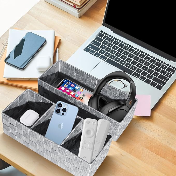 Drawer Organizer, Cube Baskets for Storage Shelves, Handmade Small Woven Basket, Shallow Storage Bins for Organizing Desk, Dresser, Kitchen, Pantry, Nested 7 Pack, Gray