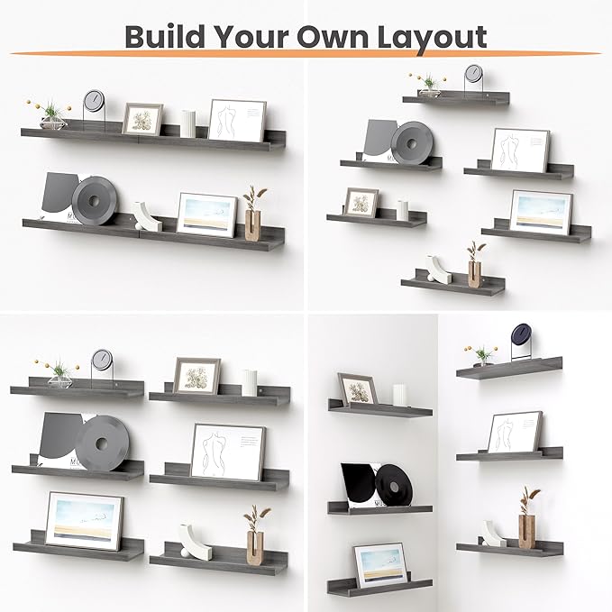 upsimples Floating Shelves for Wall, Wall Shelves for Decor Storage Set of 6, Wall Mounted Wood Shelves for Bedroom, Living Room, Bathroom, Kitchen, Picture Ledge Shelves, Grey