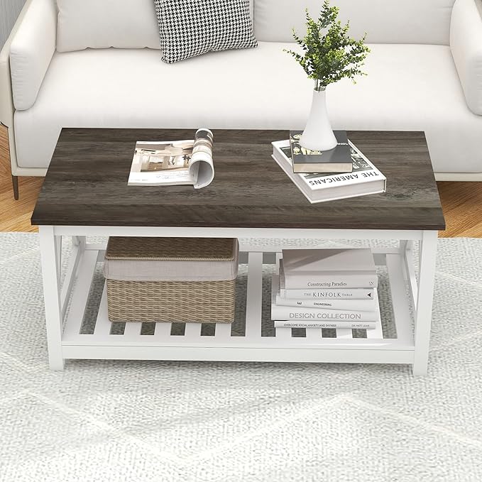 Farmhouse Coffee Table for Living Room, 2-Tier Rectangular Wooden Centre Cocktail Table with Slats Shelf Storage and V-Shaped Frame, Dark Oak