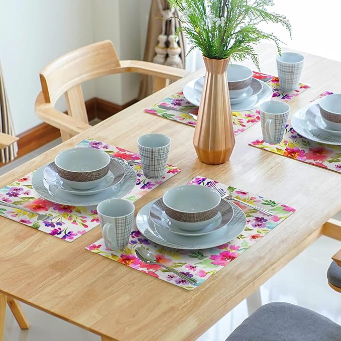 Spring Summer Placemats Set of 4 Washable Non-Slip Heat Resistant 12×18 Inch Spring Floral Watercolor Multicolor Thick Place Mats Decorative Linen Fabric Table Mat for Dining Table Kitchen Home Decor