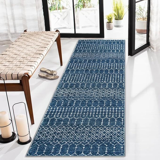 Lahome Moroccan Blue Runner Rug - 2x6 Rug Non-Slip Stain Resistant Kitchen Rug Runner Low-Profile Washable Hallway Runners, Geometric Print Distressed Carpet for Entryway Bathroom Laundry Room