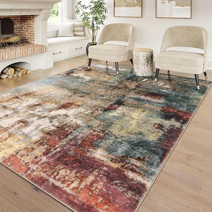 Lahome Modern Abstract Area Rug 6x9 Rugs for Living Room, Washable Bedroom Rug Aesthetic Low Pile Non Slip, Red Soft Indoor Contemporary Carpet for Dining Room Table Apartment