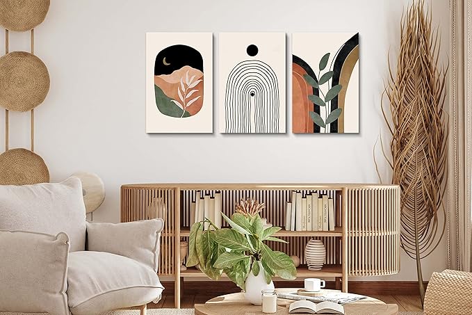Boho Wall Art Prints Set of 3, Boho Wall Decor, Mid Century Modern Prints Sun Moon Leaf Mountain Canvas Wall Painting, Neutral Abstract Geometric Prints Canvas Artwork Prints for Bedroom Bathroom