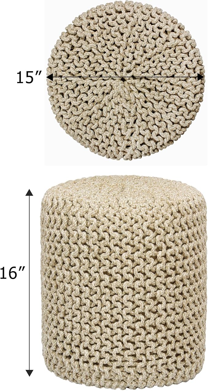 COTTON CRAFT Braided Round Pouf - Hand Knitted Cotton Tweed Cord Cable Dori Cylindrical Ottoman - Foot Stool Floor Pouf Footrest Accent Furniture - Family Room Bedroom Dorm Décor - 15" x 16" - Natural