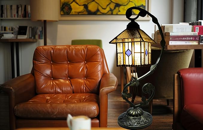 Tiffany Lamp,21x11x8 inches Stained Glass Lamp,Geometry House Tiffany Style Table Lamp with Three-Color Dimming for Bedside Table,Dining Table,Antique Office