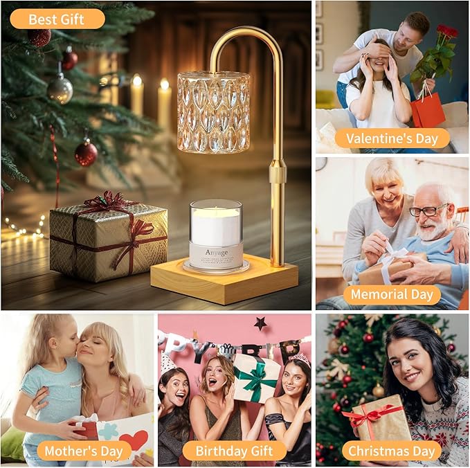 Candle Warmer Lamp with Timer and Dimmer, House Warming Gifts New Home Decor, Adjustable Height with 2 Bulbs(Amber)