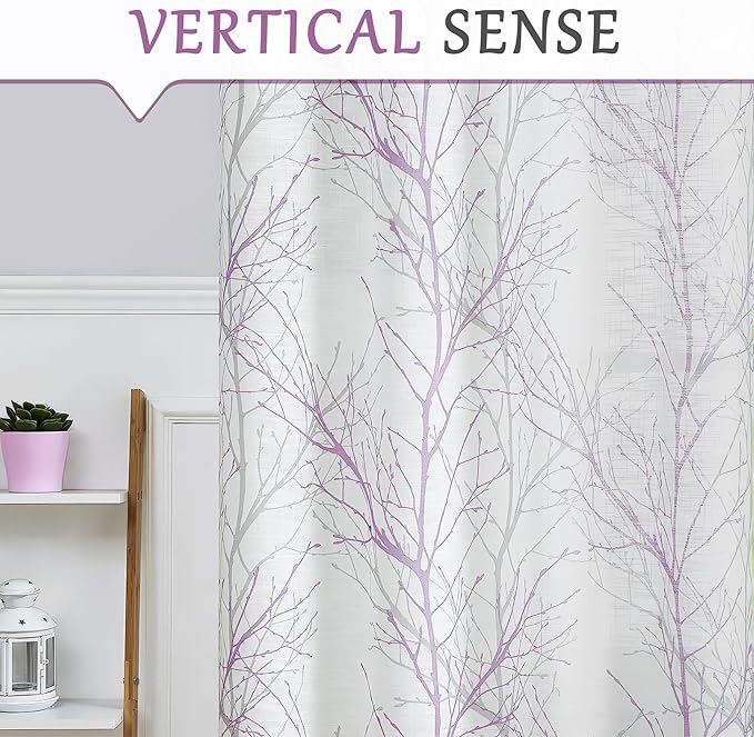 FMFUNCTEX Linen Semi Sheer Curtains for Bedroom, Lilac White Curtains 63 Inches Long for Living Room, Grey Tree Branch Patterned Curtain Light Filtering Farmhouse Window Drapes, Grommet Top 2 Panels
