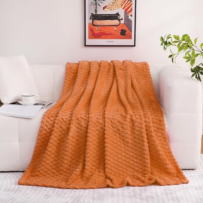 Puncuntex Burnt Orange Throw Blanket 90"×90" inches Fuzzy 3D Jacquard Decorative Flannel Fleece Super Soft Plush Cozy Blanket for Couch Sofa Chair Lightweight