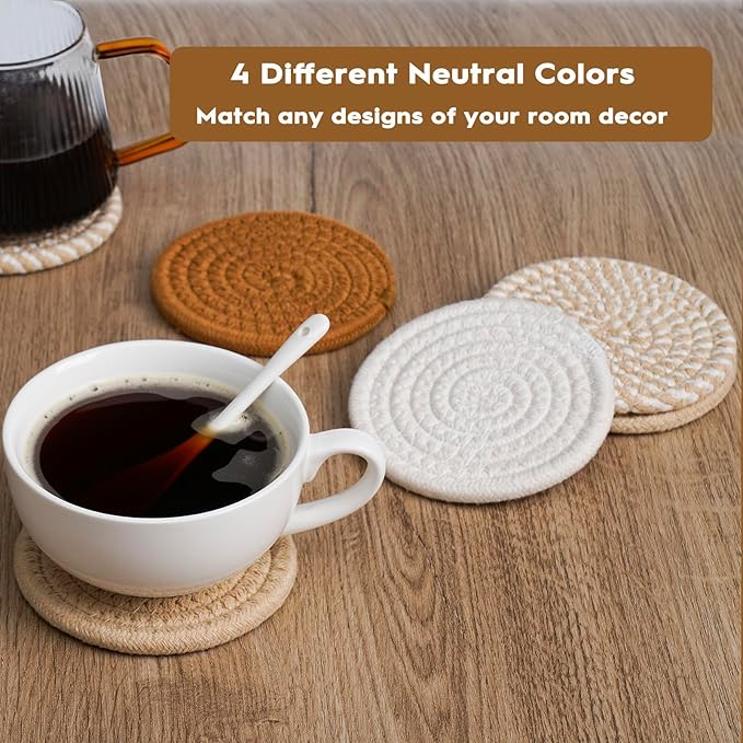 8 Pcs Drink Coasters with Holder, Boho Minimalist Cotton Woven Coasters Set for Drinks Absorbent Coffee Table Home Decor Bar Tabletop Protection, Suitable for Kinds of Cups 4.3 Inch