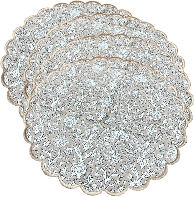 Ridhi Bo-ho Round Place Mat Easter Floral Cotton Washable Placemats 15" Round Embroidery Block Print Table Mat (Pack of 4-15 Inch Round, Taupe)