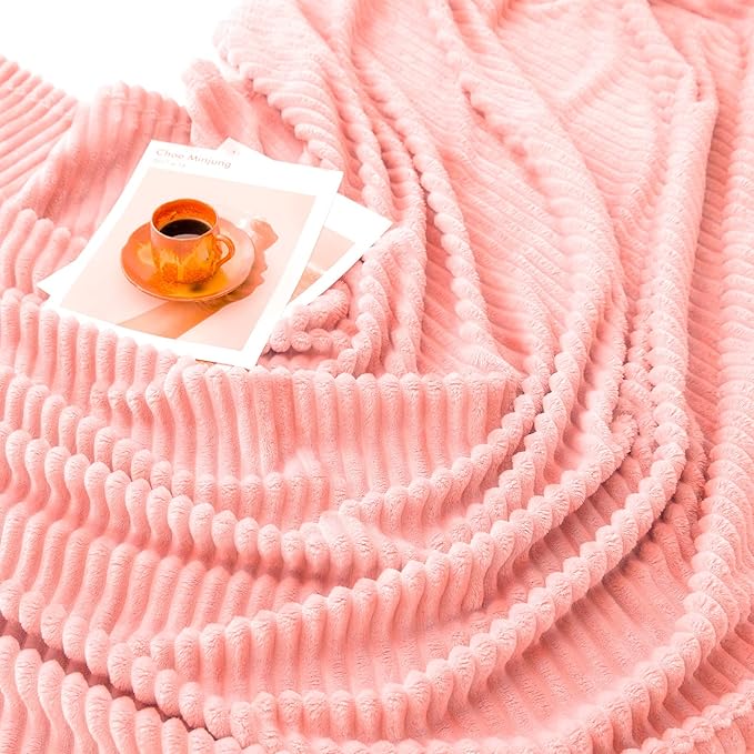Vessia Flannel Fleece Pink Throw Blanket(50X70 Inch), 300GSM Warm and Soft Comfy Striped Bed Throw, Cozy Microfiber Ribbed Sofa Blanket for All Season