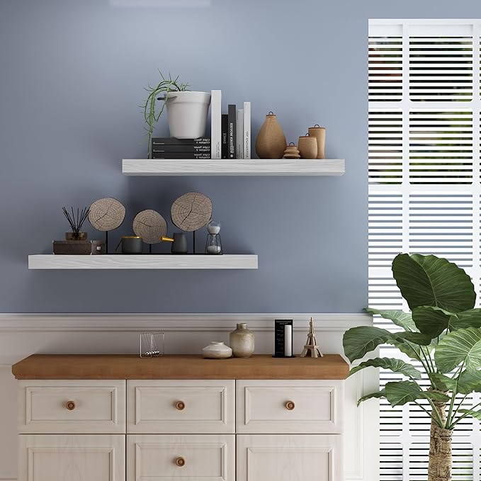 Floating Shelves for Wall - 24 x 9 Inch Natural Wood Shelves for Bathroom, Bedroom, Kitchen Decor, Farmhouse Decor Set of 2, White