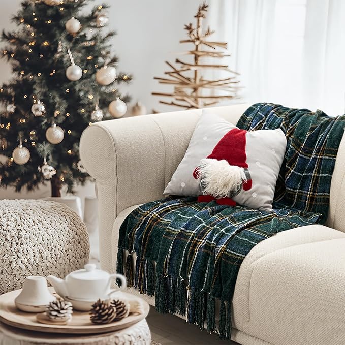 EVERGRACE Stewart Green Christmas Plaid Chenille Throw Blanket for Couch, Super Soft Cozy Tartan Checkered Throw Blanket with Tassels, Lightweight Plush Chenille Throw for Christmas Decor, 60"x80"