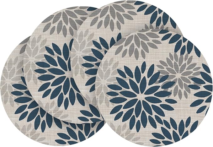 Artoid Mode Navy Dahlia Plastic Round Placemats Set of 4, 14 Inch Seasonal Wipeable Woven Vinyl Table Mats for Farmhouse Party Kitchen Dining Decor